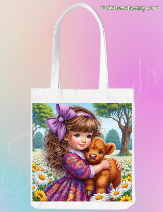 Tote bag, girl, totes, handbag, picnic bag, shopping bag, 4th of July, cows, book bag, purse, canvas, flowers, grandmas bag, highland cow