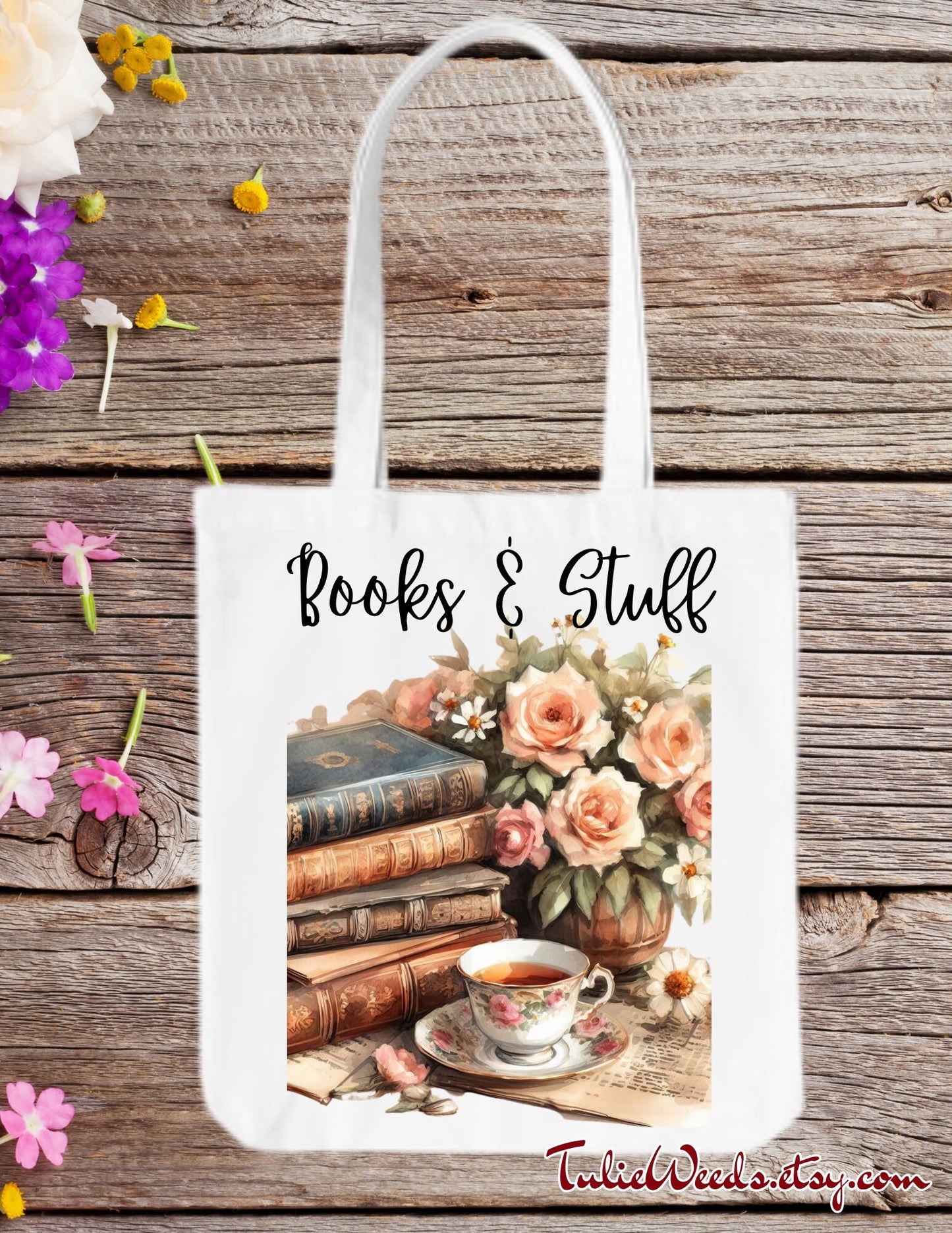 Tote bag, book bag, purse, teacup, beach bag, shopping bag, gift ideas, carry bag, books, reading, flowers, gift ideas, mother's day gifts