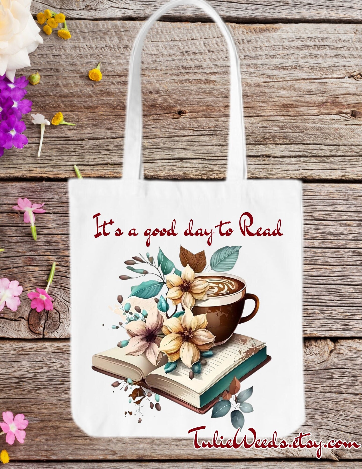 Tote bag, book bag, purse, teacup, beach bag, shopping bag, gift ideas, carry bag, books, reading, flowers, gift ideas, mother's day gifts