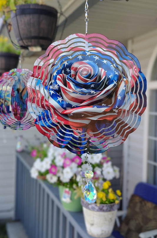 Wind spinners, yard decorations, roses, metal signs, handmade sign, outdoor signs, tail ball spinner,garden decoration, patriotic, flag,