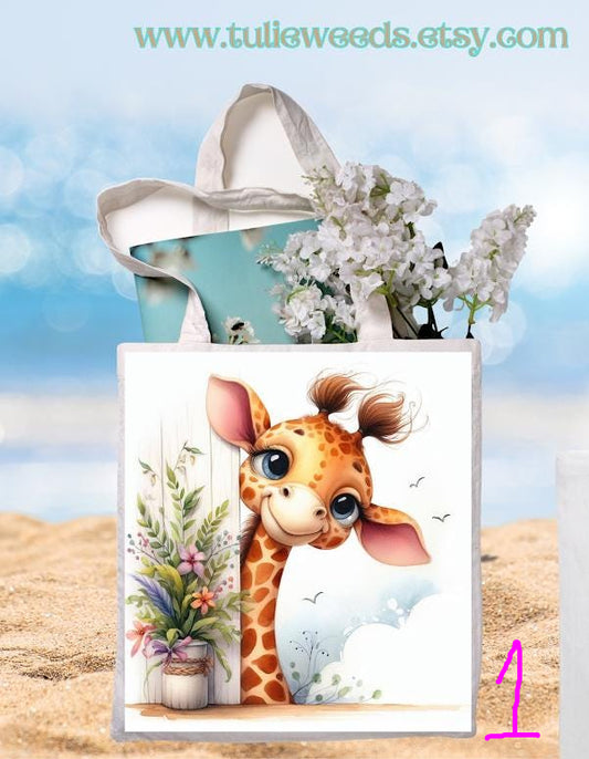 Tote bag, totes, handbag, picnic bag, shopping bag, book bag, purse, canvas, kids, beach bag, travel tote, giftbag, giraffes, baby shower