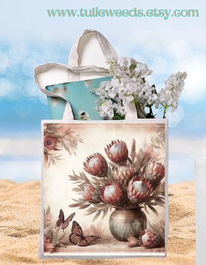 Tote bag, girl, totes, handbag, picnic bag, shopping bag, book bag, purse, canvas, flowers, butterflies, beach bag, travel tote, giftbag