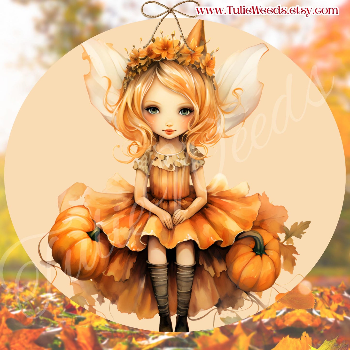 Fairy, door hanger, wall hangers, metal, decoration, country, Fall, Halloween, pumpkin, hanger, wreath sign, round sign, home decor, girl
