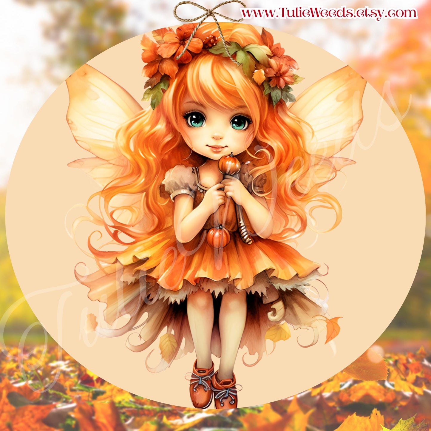 Fairy, door hanger, wall hangers, metal, decoration, country, Fall, Halloween, pumpkin, hanger, wreath sign, round sign, home decor, girl