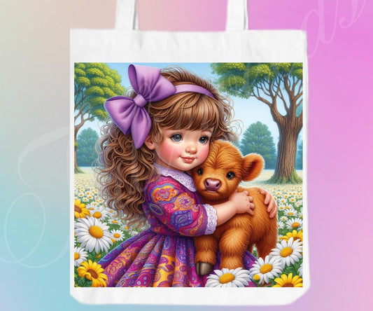 Tote bag, girl, totes, handbag, picnic bag, shopping bag, 4th of July, cows, book bag, purse, canvas, flowers, grandmas bag, highland cow