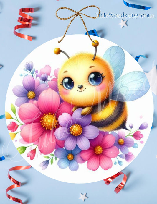 Bee and flowers, door hanger, wall hangers, bees, metal, decoration, child's wall hanger, round decor, wall art, flowers, baby shower, gifts