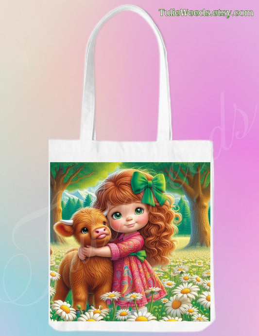 Tote bag, girl, totes, handbag, picnic bag, shopping bag, 4th of July, cows, book bag, purse, canvas, flowers, grandmas bag, highland cow
