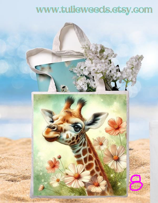 Tote bag, totes, handbag, picnic bag, shopping bag, book bag, purse, canvas, kids, beach bag, travel tote, giftbag, giraffes, baby shower