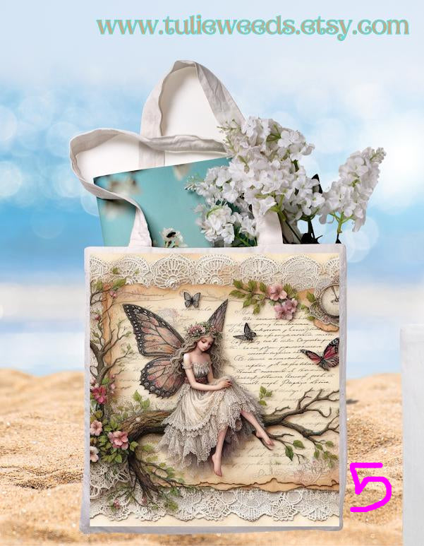 Tote bag, girl, totes, handbag, picnic bag, shopping bag, book bag, purse, canvas, fairies, butterflies, beach bag, travel tote, giftbag