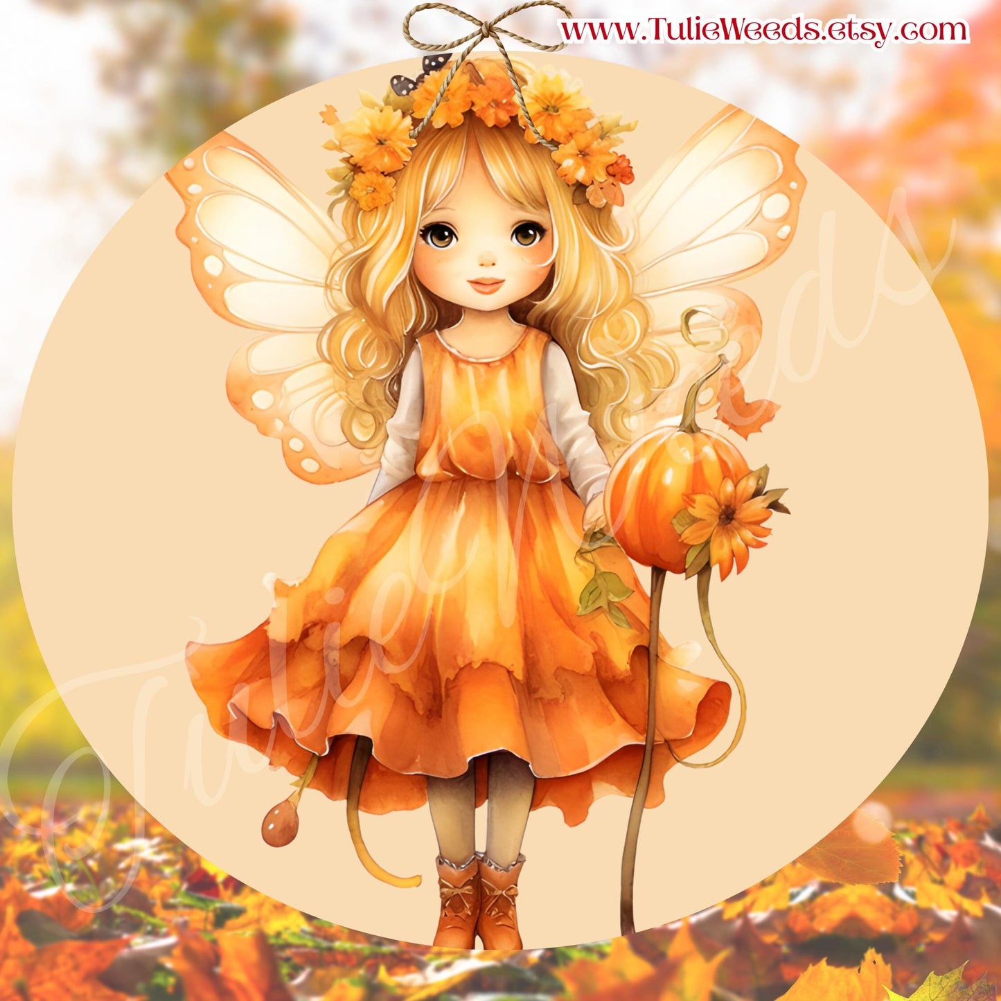 Fairy, door hanger, wall hangers, metal, decoration, country, Fall, Halloween, pumpkin, hanger, wreath sign, round sign, home decor, girl