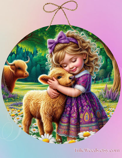 Girl, door hanger, wall hangers, cows, metal, decoration, country, child's wall hanger, , farm, wreath sign, round sign, home decor,