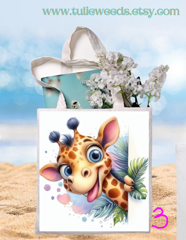 Tote bag, totes, handbag, picnic bag, shopping bag, book bag, purse, canvas, kids, beach bag, travel tote, giftbag, giraffes, baby shower