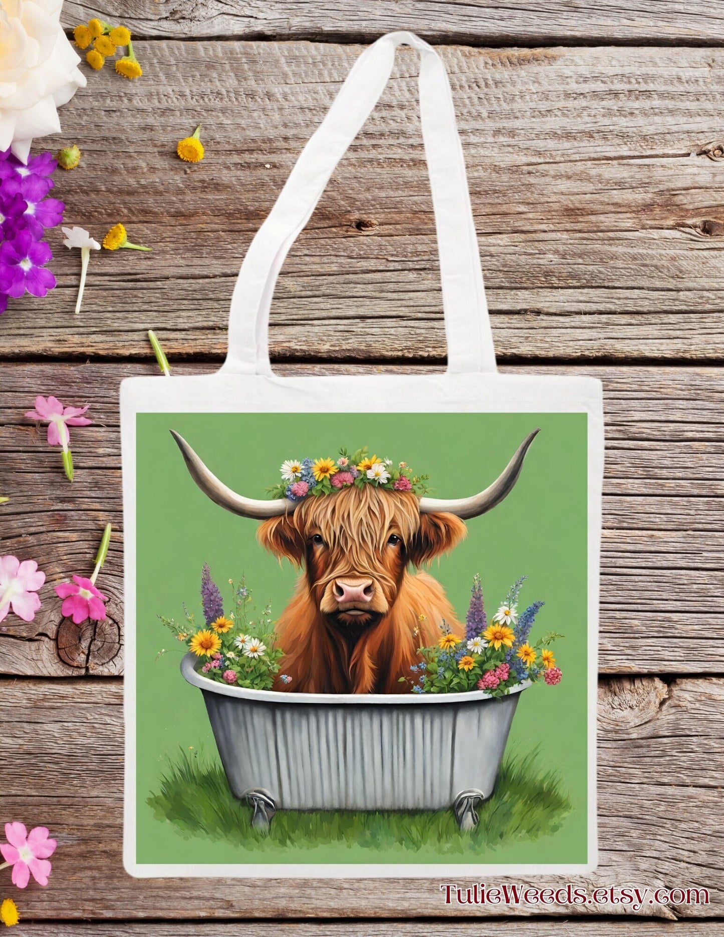 Highland cow, tote bags, cows, totes, gift bags, purses, shopping bags, canvas bags, beach bag, travel bag, flowers,