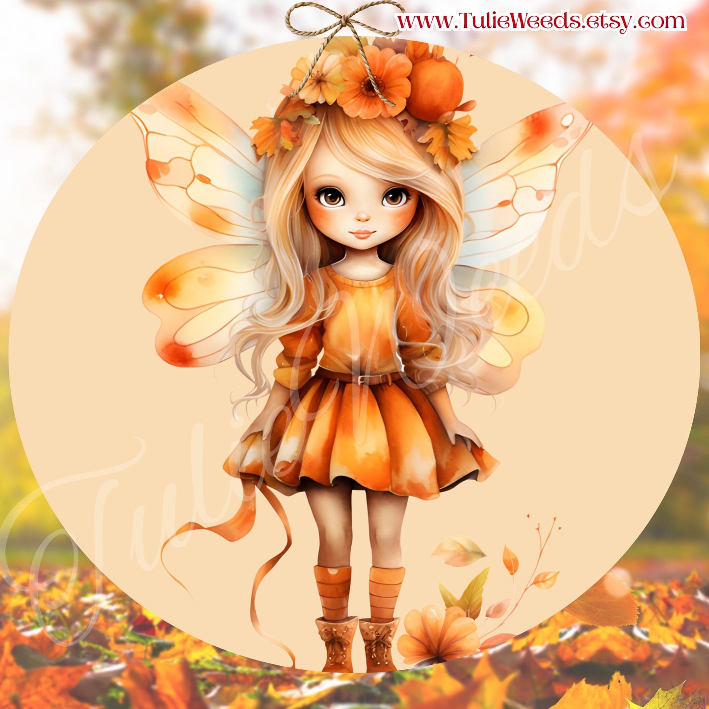 Fairy, door hanger, wall hangers, metal, decoration, country, Fall, Halloween, pumpkin, hanger, wreath sign, round sign, home decor, girl