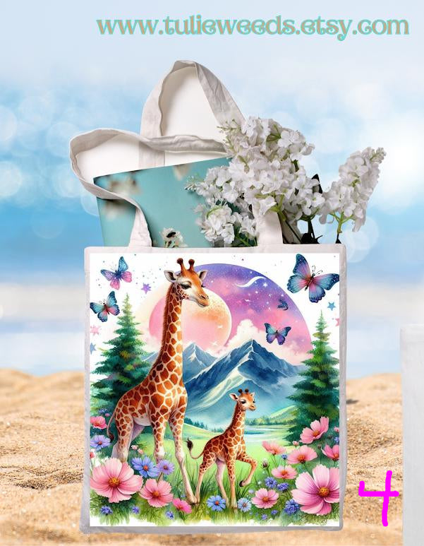 Tote bag, totes, handbag, picnic bag, shopping bag, book bag, purse, canvas, kids, beach bag, travel tote, giftbag, giraffes, baby shower