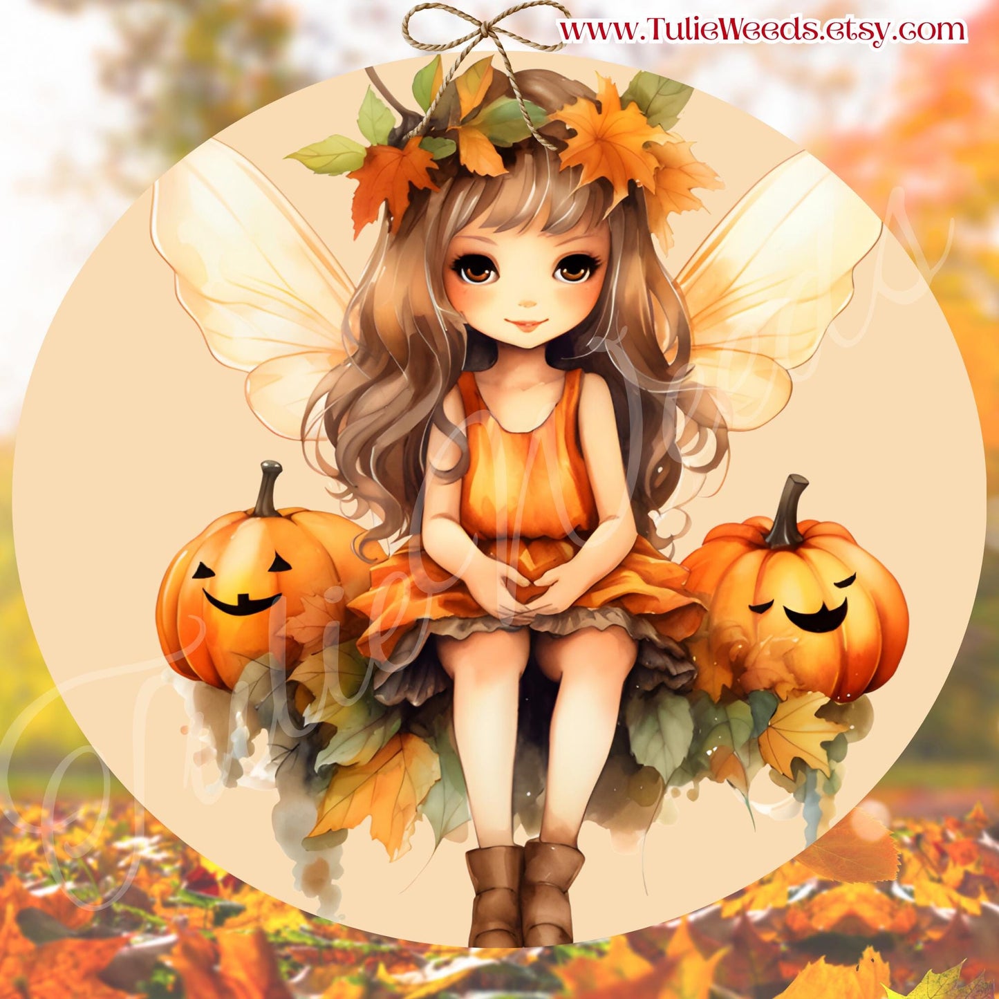 Fairy, door hanger, wall hangers, metal, decoration, country, Fall, Halloween, pumpkin, hanger, wreath sign, round sign, home decor, girl