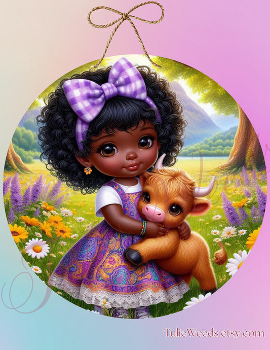 Girl, door hanger, wall hangers, cows, metal, decoration, country, child's wall hanger, , farm, wreath sign, round sign, home decor,