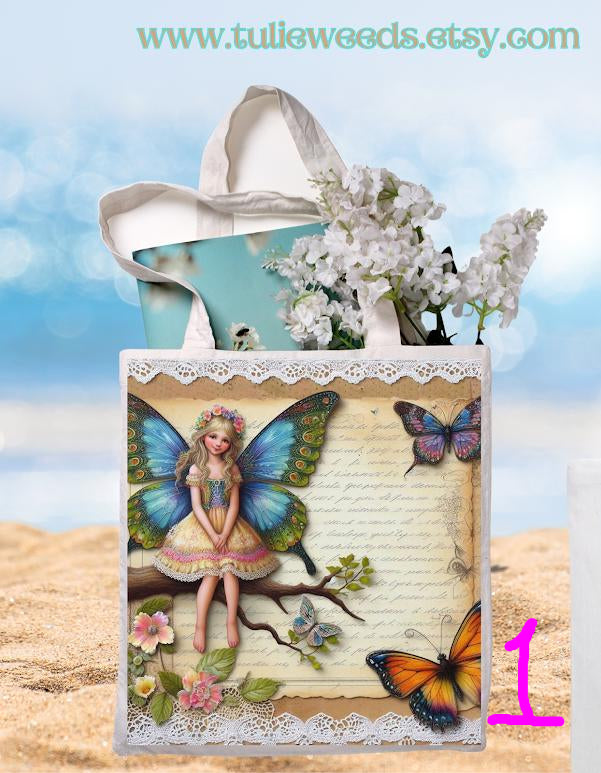 Tote bag, girl, totes, handbag, picnic bag, shopping bag, book bag, purse, canvas, fairies, butterflies, beach bag, travel tote, giftbag
