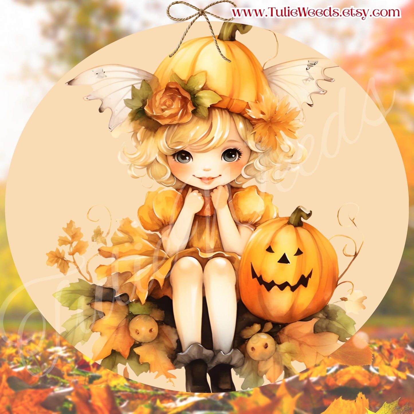 Fairy, door hanger, wall hangers, metal, decoration, country, Fall, Halloween, pumpkin, hanger, wreath sign, round sign, home decor, girl