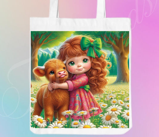Tote bag, girl, totes, handbag, picnic bag, shopping bag, 4th of July, cows, book bag, purse, canvas, flowers, grandmas bag, highland cow