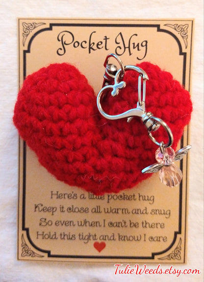 Pocket hugs,hearts, keychains,Valentine's, crochet heart,red heart, pink, heart,cards,gift ideas, puffed heart, hugs