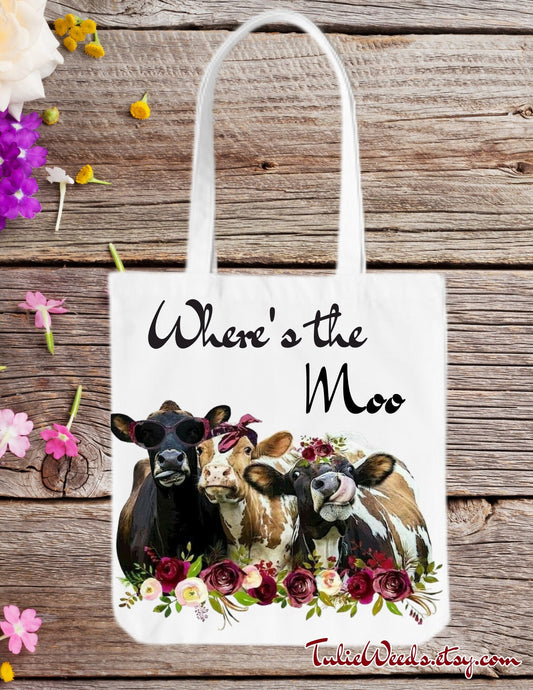 Where's the moo cow tote, tote bag, purses, canvas tote, shopping bag, beach bag, apparel, gift bag, cows, travel bag, brown cow, mothers