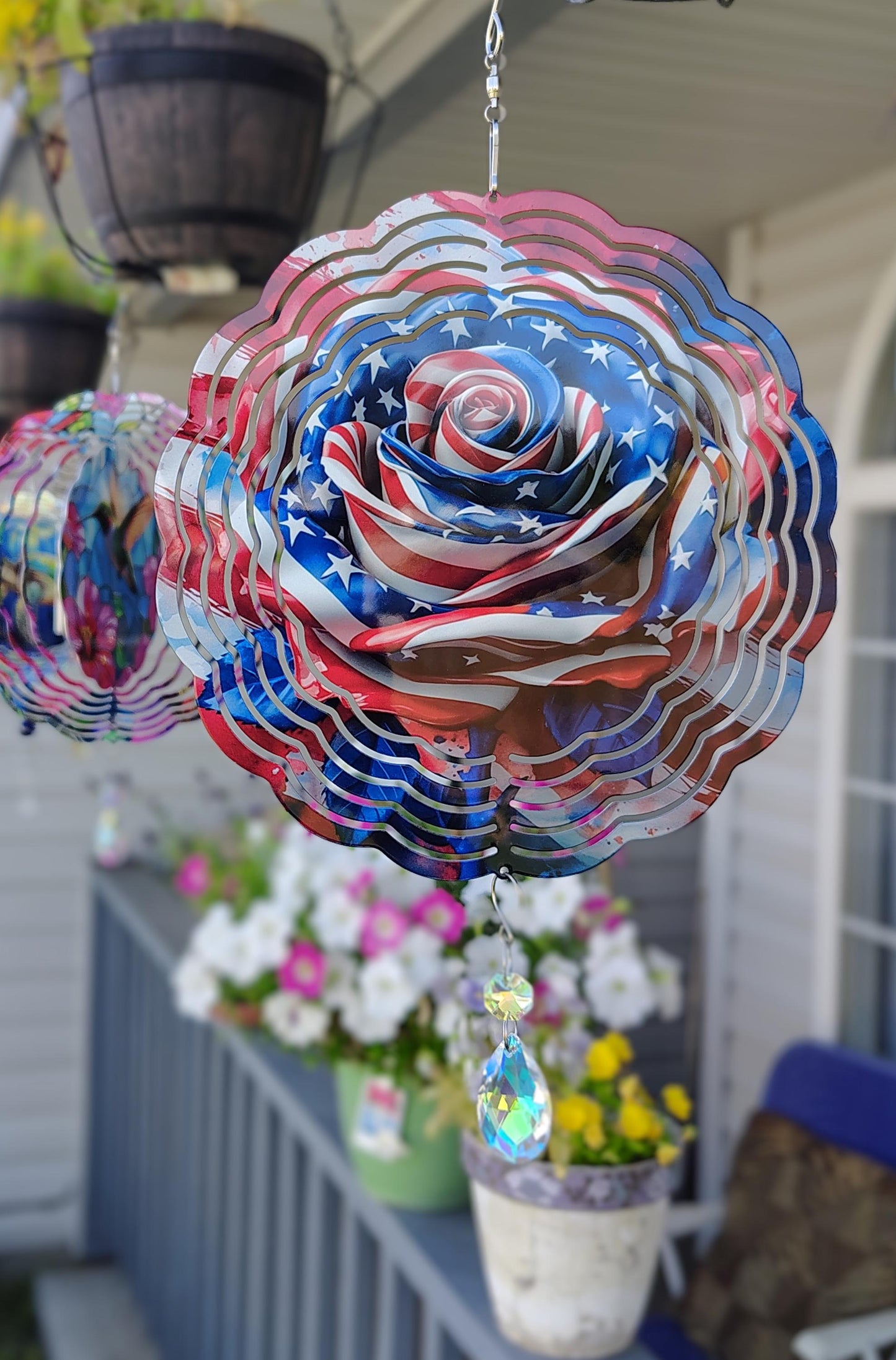 Wind spinners, yard decorations, roses, metal signs, handmade sign, outdoor signs, tail ball spinner,garden decoration, patriotic, flag,