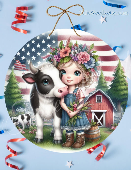 American girl, door hanger, wall hangers, cows, metal, decoration, country, child's wall hanger, round decor, farm
